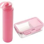 IDEAL PRIME BPA Free Plastic Insulated Lunch Box With Veggie Box 900 ml And Leak Proof Plastic Single Wall Insulated Bottle 1 L Combo For Kids, School, Office, Travel Colour Assorted Pack Of 2