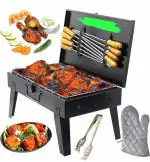 GLOWLIGHT UNIVERSAL Foldable Non-Electric Charcoal BBQ Barbecue Grill for Home (Carbon Steel, Black)
