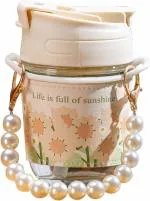 Home Stuffs Glass Coffee Sipper Mugs with Pearl Chain Belt & Sleeve Pack of 1,Reusable Travel Tumbler with Double Drink Straw and Lids,Kids Girls for Juice Smoothies Milk Cups (White)