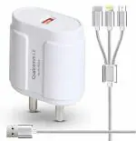 cablebasket Xiaomi Redmi Note 5 Pro, 7 Pro Samsung M20, M30, M40,A50S Iphone 5,6,7,11,12 Pro Fast 3 In 1 USB Charger Cable (White)