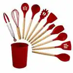 HUENISH 12pcs Wooden Handle Silicone Cooking Spoon Set Heat Resistant Silicone Spatula (Red)