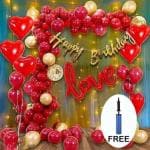 PARTY GLITERS Happy Birthday decoration combo, complete birthday balloon combo kit includes- Happy birthday banner, 30 balloons, RED Heart Foil balloons and ., Love foil balloon, Led light ,Pump best decoration set Red Love Theme.