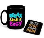 Whats Your Kick Motivation Design Relex Take It Easy Printed Black Ceramic Coffee Mug with Coaster Tea Mug 325ml