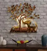 SMAART CRAAFTS Elephant Under Tree Wall Art Metal Wall Décor | Golden And Copper Color | Anti Rust Powder coated | Premium Design Wall Hanging For Living Room And Bedroom | Size- 90cm x 90cm |