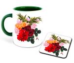 Whats Your Kick Flower and Birds Theme Beautiful Flowers Design Printed Dark Green Ceramic Coffee and Tea Mug 325 ml with coaster