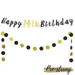 Festiko 14th Birthday Decoration Set Happy 14th Birthday Banner With Black Gold Glitter Circle Dots Perfect For Fourteen Years Old Birthday Party Decorations