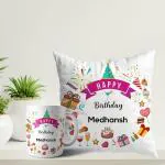 ASHVAH White Round Happy Birthday Medhansh Ceramic Coffee Mug and Cushion with Filler Combo Gift (Pack of 2) AS-D3COMBO-Medhansh-W