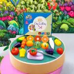 KRIDAN Realistic Sliceable Cutting Fruits and Vegetable Pretend Play Kitchen Toys for Kids 7-Fruits/ 7-Vegetables/ 2 Board/ 2 Knife (Multicolour), 18pc