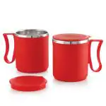 Stainless Steel Flute Red Mug With Lid, Plastic Layer, 300ml Pack of 2