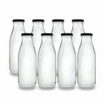 Pure Tree Transparent Glass Milk Bottle 500 ml | Bottles for Smoothie, Juice Shakes with Airtight Black Lug Cap | Glass Bottles for Fridge | Set of 8