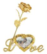 International Gift Gold Plastic Rose Flower With Leaf With Heart Photo Frame Love Shape Stand And Luxury Gift Box