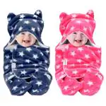 OYO BABY 3-in-1 Hooded Baby Blanket Wrapper and Sleeping Bag -Pack of 2 All Season Swaddle for 0-6 Months Babies, Dark Blue & Pink