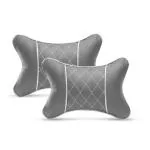 Auto Hub Faux Leather Car Neck Rest Pillows, Cushion Set (Black-Silver/Pack of 2)