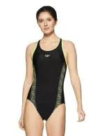 Speedo Women Black, Fluo Yellow Synthetic Female Swimwear Monogram Racerback (40)