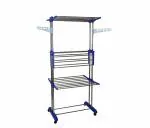 Mega stand Clothes Drying Rack Folding Clothes Rack Stainless Steel Laundry Garment Dryer Stand with Two Side Wings-(Blue)