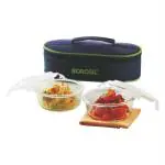Borosil Klip-N-Store Borosilicate Glass Lunch Box Set of 2 (400 ml Each) With Lunch Bag, Round, Lunchbox For Office & College, Microwave Safe, Leak Proof, Horizontal