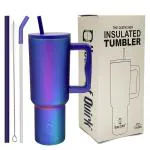House of Quirk 1200ML Stainless Steel Tumbler Hot and Cold with Handle and Lid 2 Straw, Double Insulated Cup 100% Leak Proof Mug Cupholder for Gym, Travelling (Aurora Prism)