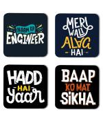 Whats Your Kick Funny Hindi Quotes Naam Ka Engineer Quotes Printed Set of 4 Coaster With Metal Stand