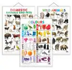 GO WOO Combo of 3 Domestic Animals and Pets, Wild Animals and Colours Charts for Kids