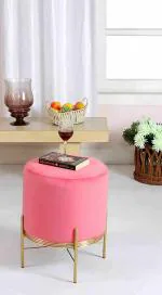 Shadowkart Ottoman Pouffes Sitting Mudda Puffy Stool for Living Room Dressing Table Pouf Round Footstool for Home Decor, Metal Stand, 16x16x18 Inch, Rose Pink