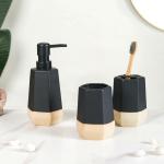 Nestasia Ceramic Bathroom Accessories Set of 3, 1 Soap Dispenser, 1 Segmented Toothbrush Holder & 1 Tumbler, Dual-Tone Stoneware Texture, Black & Beige