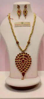 MAYURI'Z COLLECTION_Assamese Traditional Doogdoogi Necklace & Earring Set, Pure Silver-Gold Plated (Kesa Xun) with general stones with general stones, with adjustable dori closure