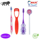 MAXI Oral Care Combo of 4-(1 Kids) Zoom Car Junior Toothbrush & (1 Adults) Sensitive+ Toothbrush & (1 TC) 1 Number Tongue Cleaner & (1 TC) Watermelon Lollipop Tongue Cleaner