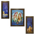 Indianara 3 Pc Set Of Radha Krishna Paintings (1489) Without Glass 5.2 X 12.5, 9.5 X 12.5, 5.2 X 12.5 Inch