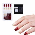 Coslifestore Press On Nails Pack of 30 Reusable Gel Nail Extensions With Full Application Kit Consisting of Nail Glue, Buffer, Manicure Tool, 24 Jelly Tabs Diy Nail Art (Red and Nude Golden)