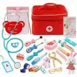 THE BRAIN GYM FACTORY - 23pcs Set Wooden Doctor Kit for Kids Pretend Play Dentist Medical Toys Set | Kids Medical Kits Storage Bag Doctor Set Toy for Toddler Boys Girls Ages 3+