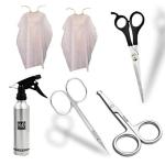 Doberyl Salon/Barber Accessories Kit: 1 Stainless Steel Scissors for Hair Cutting, 2 Disposable Capes/Aprons, 1 Beard and Mustache Cutting Scissor, 1 Nose Hair Scissors, 1 Hair Spray Bottle (300ml)