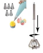 BLUE WONDER Cake Decorating 6 Pcs Nozzle with Stainless Steel Churner ,Steel Hand Blander and (Multicolour, Pack of 2)