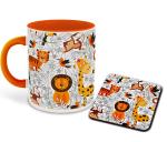 Whats Your Kick Cute Animal Cartoons Jungle Design Orange Ceramic Coffee Mug with Coaster 325 ML