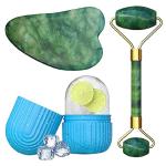 ShopiMoz Reusable Silicon Ice Cube Roller Massage And 100% Natural Jade Roller with Gua Sha Stone Set Facial Roller