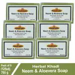 Herbal Khadi Natural Neem & Aloevera Soap Clear & Glow Moisturize Skin Remove Dryness & Heat with Rose Water, Coconut oil Makes Skin Soft & Glamour for Men and Women (Pack of 6) (750 g)