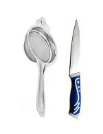 URBAN BUY Stainless Steel Tea Strainer With Kitchen Vegetables Cutting Heavy Knife & Multicolour & (Pack of 2)