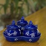 Craftghar ceramic pickle jars with spoon for dining table | Hand painted | Navy Blue | Set of 3 Jars