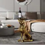 SMOKEY COCKTAIL Fortune Leopard Side Table | Sitting Home Decor Realistic Antique Classical Leopard Resin Animal Ornament Statues Living Room Decor Ornament Figures (Gold)