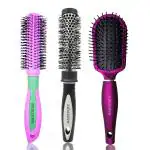 MAJESTIQUE Professional Detangler Brush, Slim Hot Curling Round Hair Brush with Nylon Bristles and Rubber-Grip Handle for Blow-Dry Styling Hair Brushes for Women - 3 Pcs