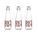 SAND DUNE Flower Fire Printed Glass Clip Top Cap Water Bottle | Fridge Bottle(1000ml,set 3)