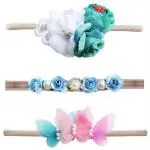 Bembika Turquise Set Nylon Floral Hair Bows Elastic Bands For Kids - Medium (Pack Of 3)