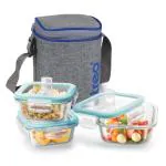 Treo by Milton All Fresh Square Glass Tiffin Containers With Insulated Jacket, 3 Containers, 320 ml Each, Grey | Microwave Safe | Ovensafe | Stackable | Leak Proof | Office | School | College | Picnic