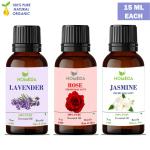 Homeda Lavender, Jasmine and Rose Essential Oil for Hair Growth, Diffuser, Sleep, Skin, Face, Body, Soap Making, Massage, Bath water - Rose oil (Gulab) Diffuser Oil for Home fragrance - 15ml each
