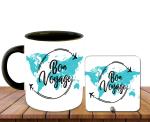 Whats Your Kick Bon Voyage Quotes With World Map Printed Black Caremic Coffee Mug With Desky 325 ML