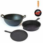 The Indus Valley Pre-Seasoned Cast Iron Cookware Set + Free Tadka Pan | Tawa (25.7cm)+Kadai (25.4/3.2Lcm)+Fry Pan (25cm/1.6L) | Kitchen Cooking Combo Pots and Pans Set of 3Pc | Naturally Nonstick