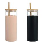 Welour Glass Multicolor Luxury Water Bottle With Bamboo Straw - 480 Ml (Set Of 2)