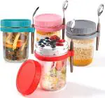 MOOZICO 350 ml Glass Storage Container Overnight Oats Containers with Lids and Spoons Glass Mason Jars for Overnight Oats Leak Proof Oatmeal Container - MULTICOLOR - PACK OF 4