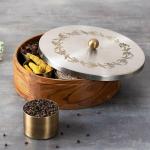 NORIDY masala box for kitchen spice box with embed design | Anjarai petti for kitchen wooden masala box 7 jars spice container (9 inch Dia, Silver flower)