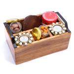 Jaiccha Ghasitarm Gifts Wooden Cutlery Stand with T-lites, crunchy Cashews, Chocolate Coated Almonds, Wooden Coasters and Scented Candle-290 gram