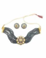 Bella Store Women Royal Navy Golden Brass Meenakari Necklace with Charming Shining Beads and Earrings
